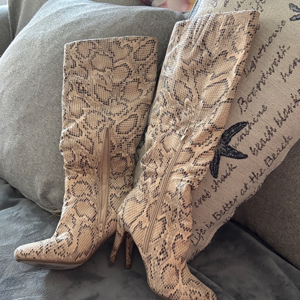 Sugar Beige Snakeskin Over-the-Knee Stiletto Boots - Picture 2 of 3